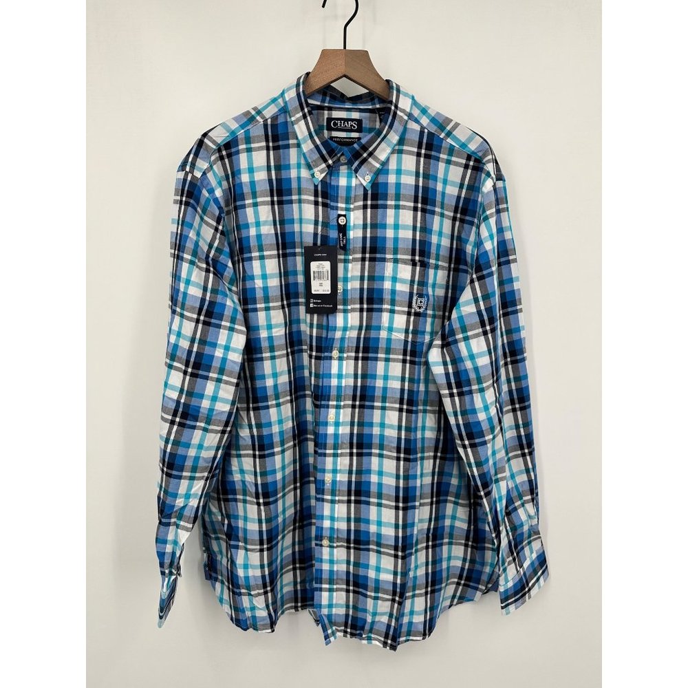 Chaps Performance Easy Care Twill Button Up Shirt Men XXL Blue White Plaid NWT